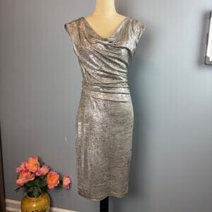Vince Camuto Metallic Silver Drape Bodycon Dress Cap Sleeve Cocktail Sm. Holiday